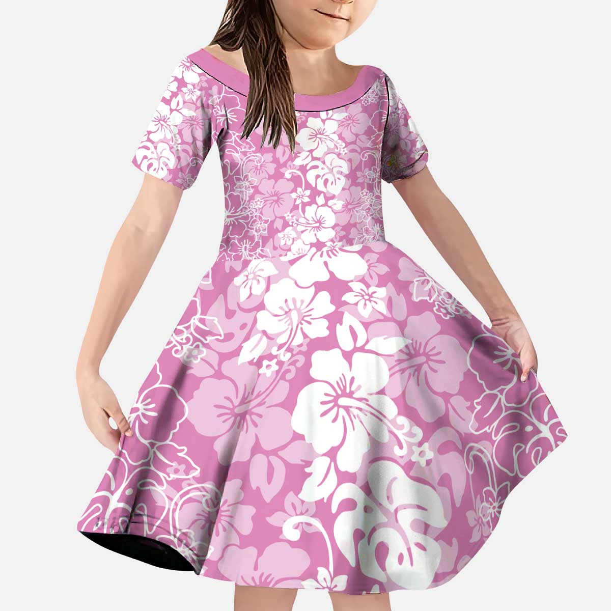 Hawaiian Lei Day Kid Short Sleeve Dress Pink Hibiscus Flowers Lei Art