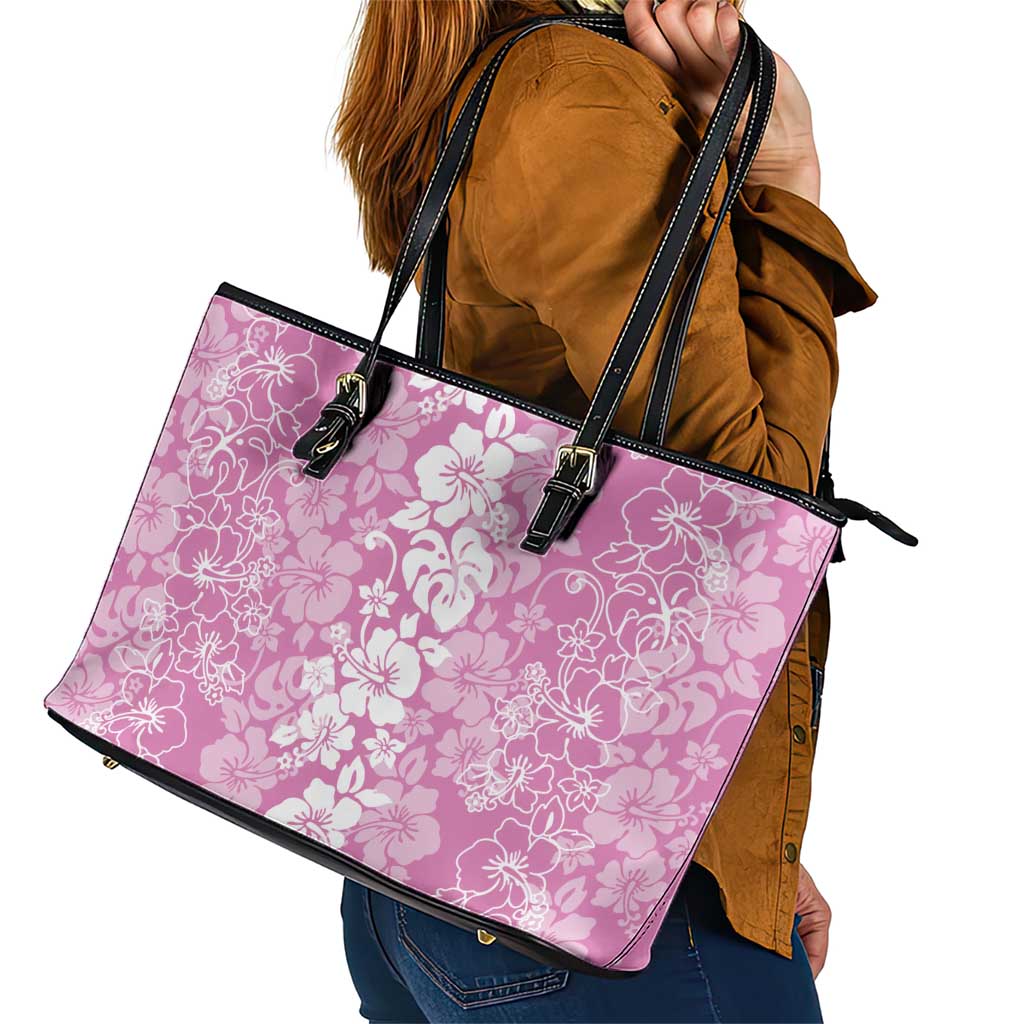 Hawaiian Lei Day Leather Tote Bag Pink Hibiscus Flowers Lei Art