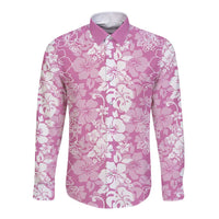 Hawaiian Lei Day Long Sleeve Button Shirt Pink Hibiscus Flowers Lei Art