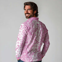 Hawaiian Lei Day Long Sleeve Polo Shirt Pink Hibiscus Flowers Lei Art
