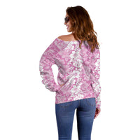Hawaiian Lei Day Off Shoulder Sweater Pink Hibiscus Flowers Lei Art