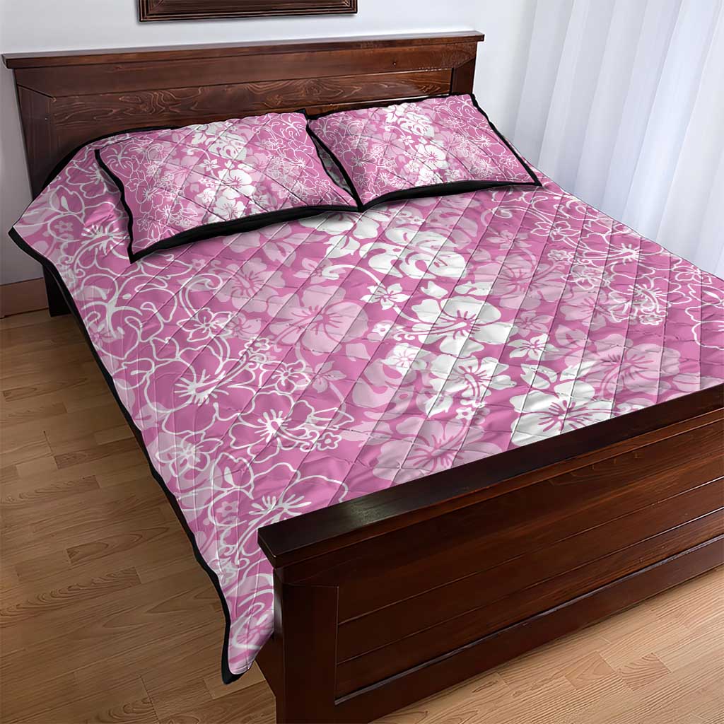 Hawaiian Lei Day Quilt Bed Set Pink Hibiscus Flowers Lei Art