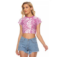 Hawaiian Lei Day Raglan Cropped T Shirt Pink Hibiscus Flowers Lei Art LT9 Female Pink - Polynesian Pride