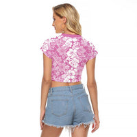 Hawaiian Lei Day Raglan Cropped T Shirt Pink Hibiscus Flowers Lei Art LT9 - Polynesian Pride