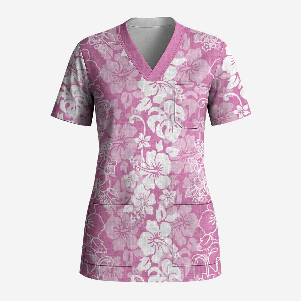 Hawaiian Lei Day Scrub Top Pink Hibiscus Flowers Lei Art - Polynesian Pride