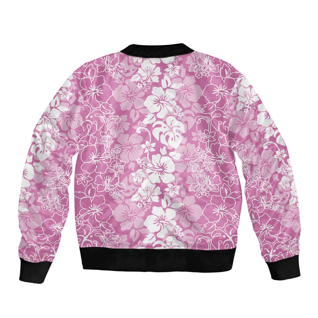 Hawaiian Lei Day Sleeve Zip Bomber Jacket Pink Hibiscus Flowers Lei Art