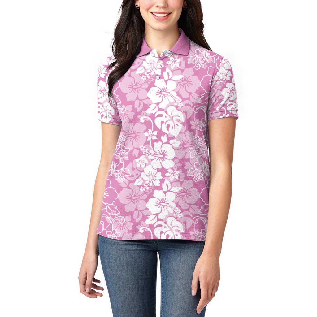 Hawaiian Lei Day Women Polo Shirt Pink Hibiscus Flowers Lei Art