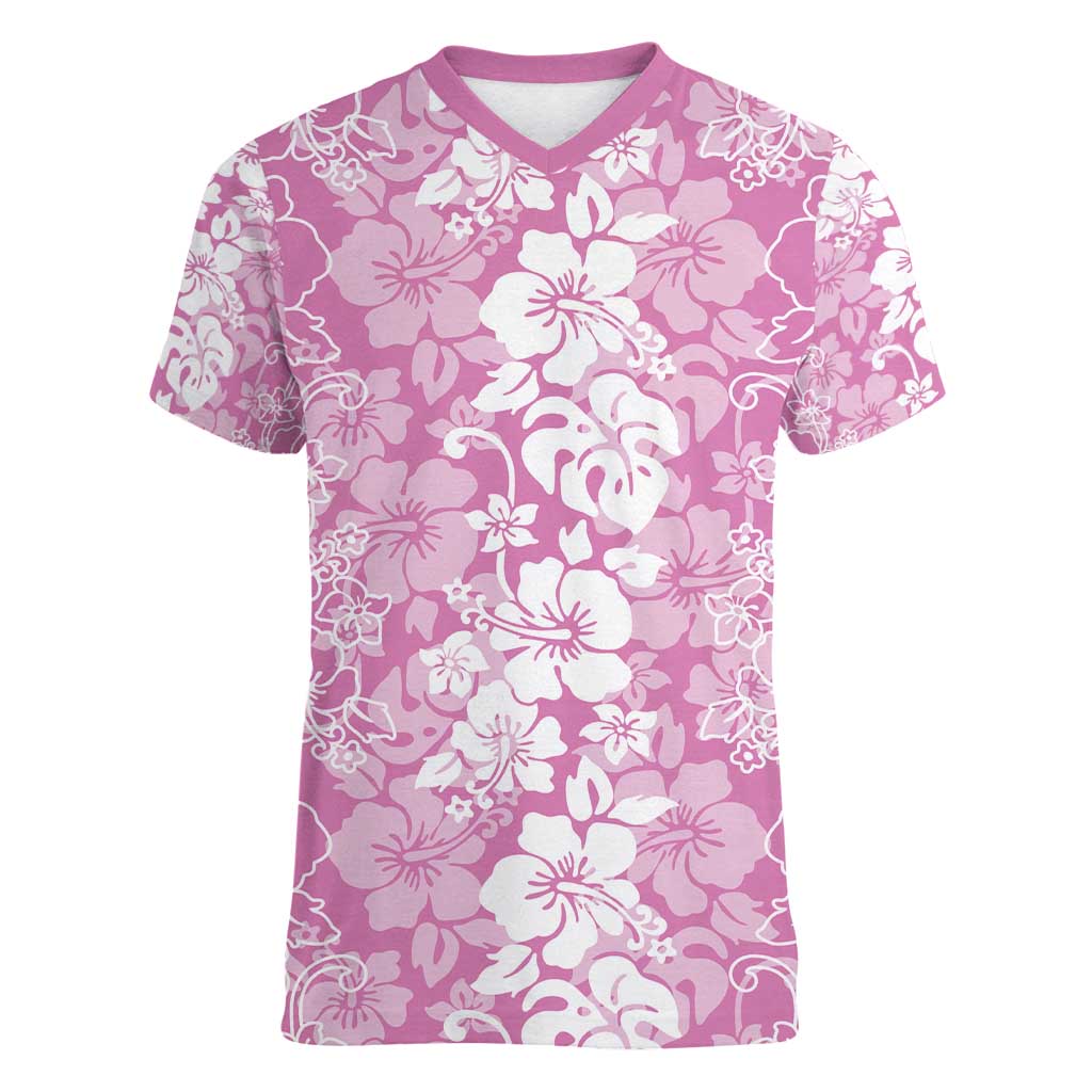 Hawaiian Lei Day Women V-Neck T-Shirt Pink Hibiscus Flowers Lei Art