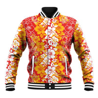 Hawaiian Lei Day Baseball Jacket Red Hibiscus Flowers Lei Art