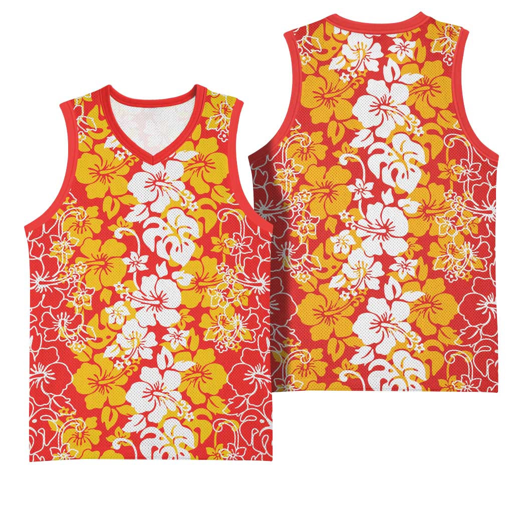 Hawaiian Lei Day Basketball Jersey Red Hibiscus Flowers Lei Art - Polynesian Pride