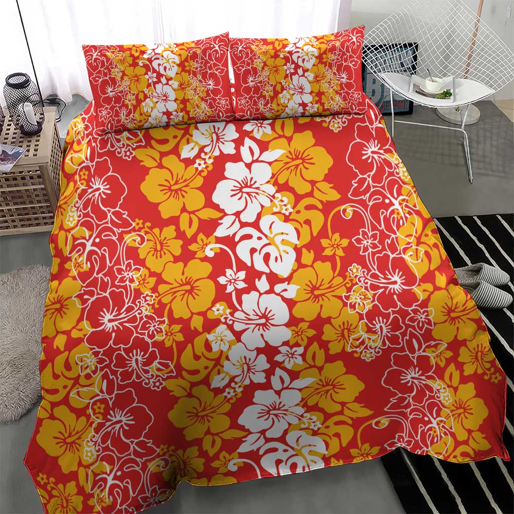 Hawaiian Lei Day Bedding Set Red Hibiscus Flowers Lei Art