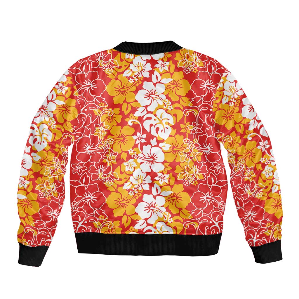 Hawaiian Lei Day Bomber Jacket Red Hibiscus Flowers Lei Art