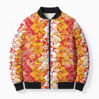 Hawaiian Lei Day Bomber Puffer Jacket Red Hibiscus Flowers Lei Art - Polynesian Pride