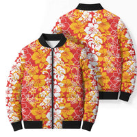 Hawaiian Lei Day Bomber Puffer Jacket Red Hibiscus Flowers Lei Art - Polynesian Pride