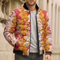 Hawaiian Lei Day Bomber Puffer Jacket Red Hibiscus Flowers Lei Art - Polynesian Pride