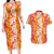 Hawaiian Lei Day Couples Matching Long Sleeve Bodycon Dress and Hawaiian Shirt Red Hibiscus Flowers Lei Art