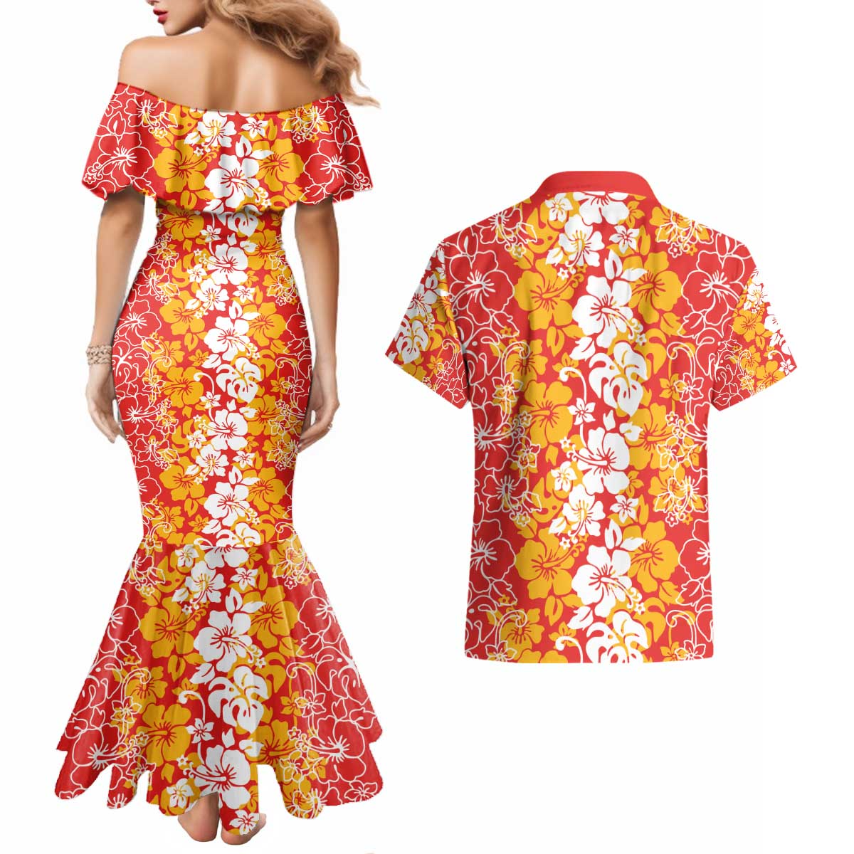Hawaiian Lei Day Couples Matching Mermaid Dress and Hawaiian Shirt Red Hibiscus Flowers Lei Art