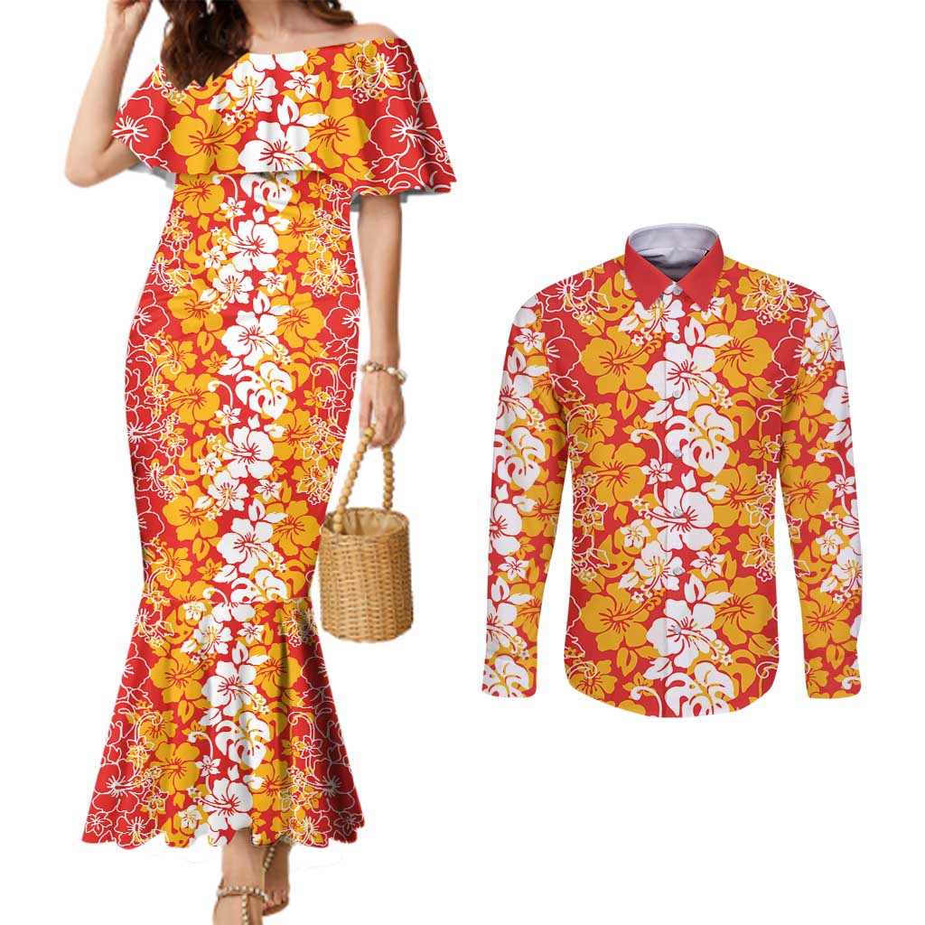 Hawaiian Lei Day Couples Matching Mermaid Dress and Long Sleeve Button Shirt Red Hibiscus Flowers Lei Art