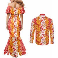Hawaiian Lei Day Couples Matching Mermaid Dress and Long Sleeve Button Shirt Red Hibiscus Flowers Lei Art
