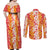 Hawaiian Lei Day Couples Matching Off Shoulder Maxi Dress and Long Sleeve Button Shirt Red Hibiscus Flowers Lei Art