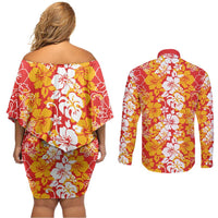 Hawaiian Lei Day Couples Matching Off Shoulder Short Dress and Long Sleeve Button Shirt Red Hibiscus Flowers Lei Art