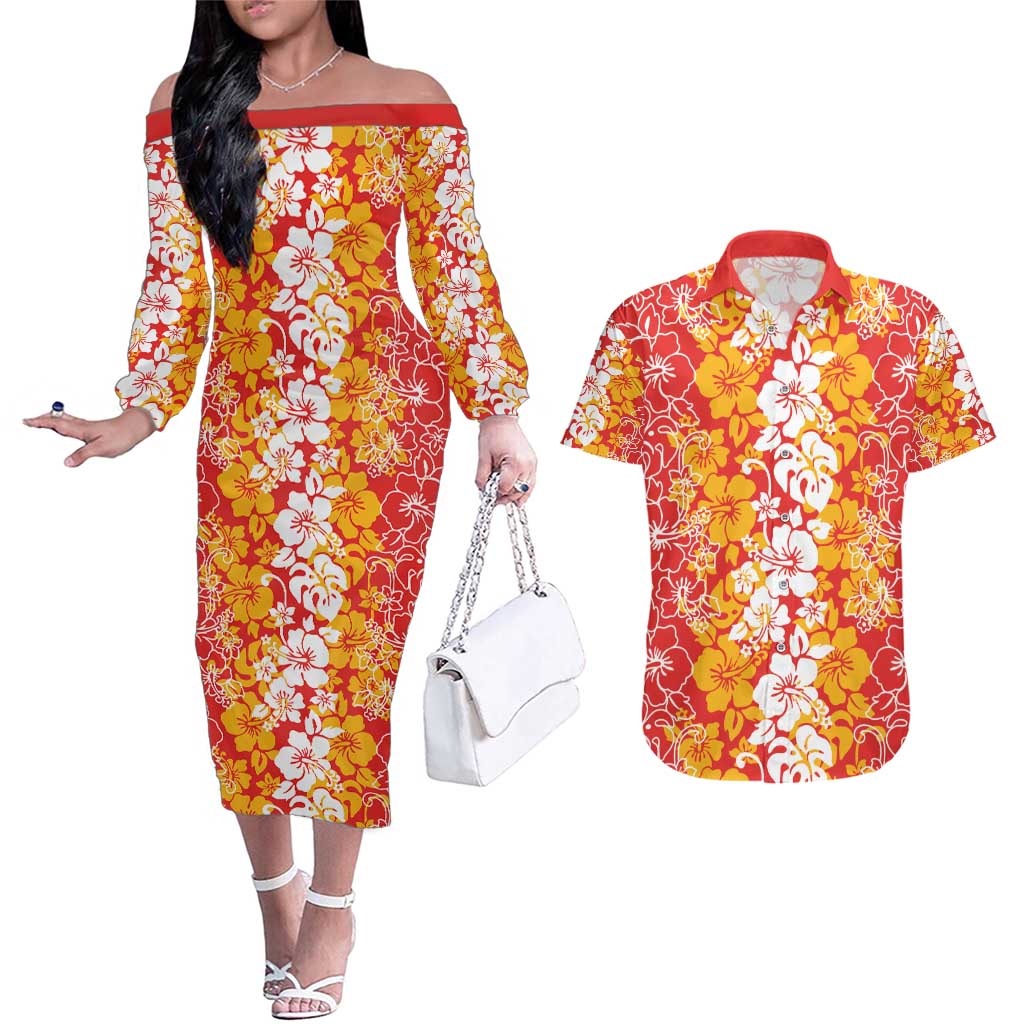Hawaiian Lei Day Couples Matching Off The Shoulder Long Sleeve Dress and Hawaiian Shirt Red Hibiscus Flowers Lei Art