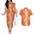 Hawaiian Lei Day Couples Matching Off The Shoulder Long Sleeve Dress and Hawaiian Shirt Red Hibiscus Flowers Lei Art