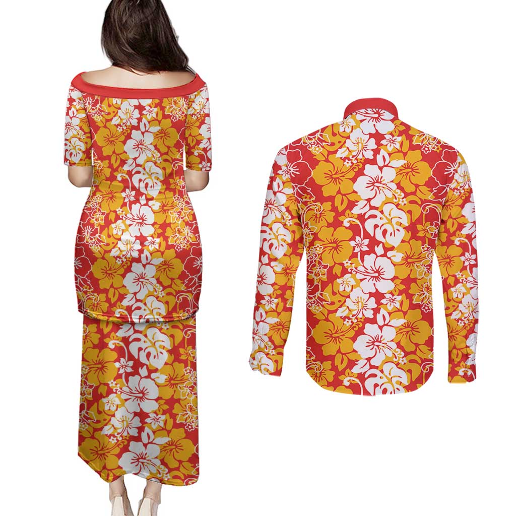 Hawaiian Lei Day Couples Matching Puletasi and Long Sleeve Button Shirt Red Hibiscus Flowers Lei Art
