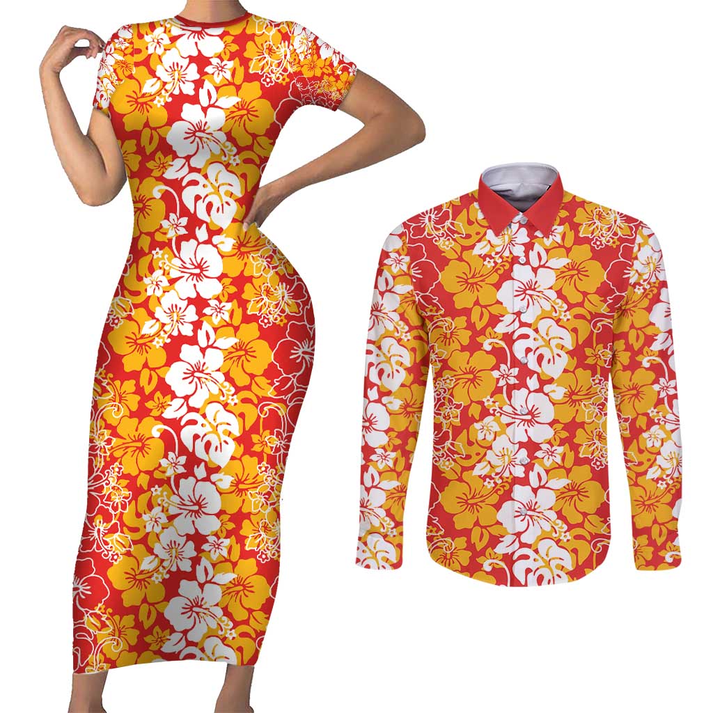 Hawaiian Lei Day Couples Matching Short Sleeve Bodycon Dress and Long Sleeve Button Shirt Red Hibiscus Flowers Lei Art