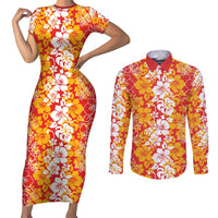 Hawaiian Lei Day Couples Matching Short Sleeve Bodycon Dress and Long Sleeve Button Shirt Red Hibiscus Flowers Lei Art