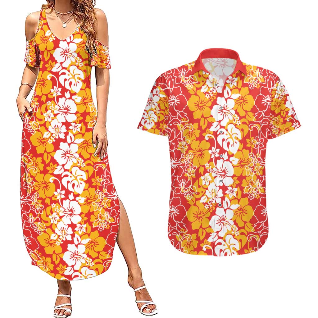 Hawaiian Lei Day Couples Matching Summer Maxi Dress and Hawaiian Shirt Red Hibiscus Flowers Lei Art