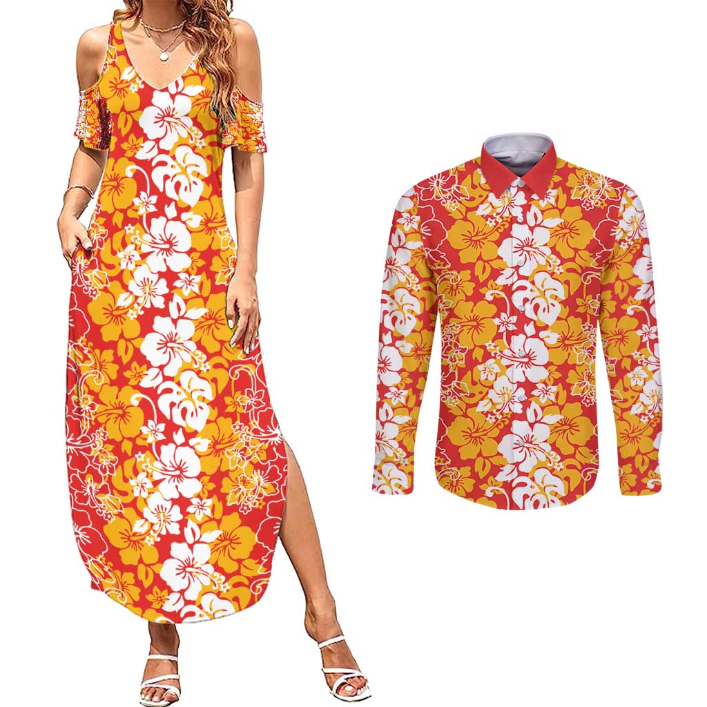 Hawaiian Lei Day Couples Matching Summer Maxi Dress and Long Sleeve Button Shirt Red Hibiscus Flowers Lei Art