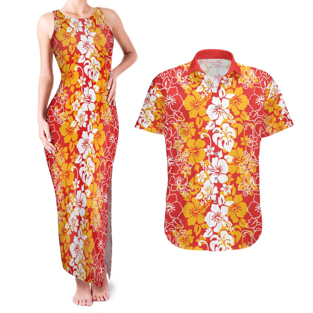 Hawaiian Lei Day Couples Matching Tank Maxi Dress and Hawaiian Shirt Red Hibiscus Flowers Lei Art
