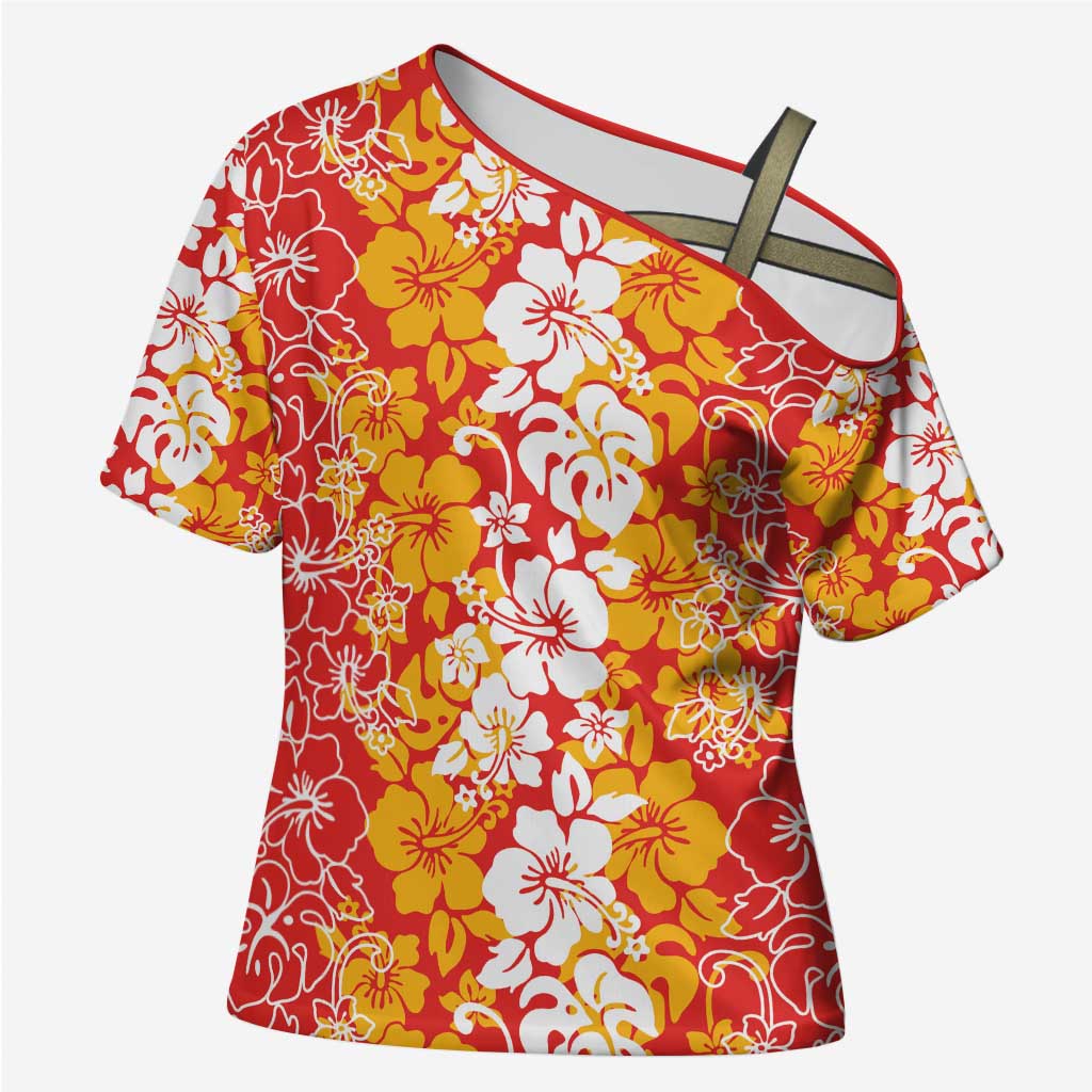 Hawaiian Lei Day Cross Shoulder Shirt Red Hibiscus Flowers Lei Art - Polynesian Pride