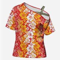Hawaiian Lei Day Cross Shoulder Shirt Red Hibiscus Flowers Lei Art - Polynesian Pride