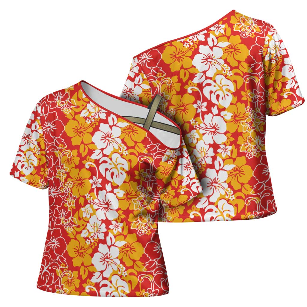 Hawaiian Lei Day Cross Shoulder Shirt Red Hibiscus Flowers Lei Art - Polynesian Pride