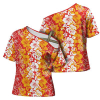 Hawaiian Lei Day Cross Shoulder Shirt Red Hibiscus Flowers Lei Art - Polynesian Pride