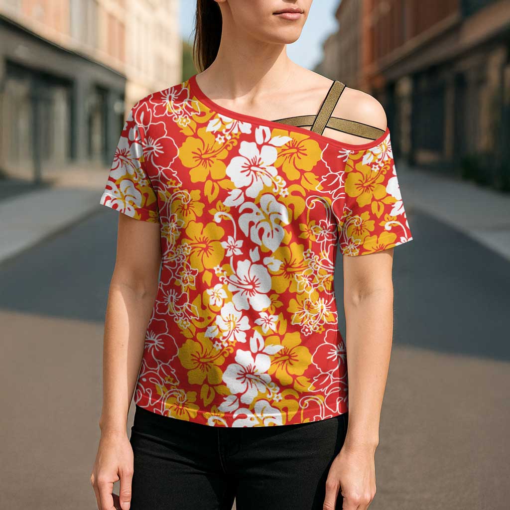 Hawaiian Lei Day Cross Shoulder Shirt Red Hibiscus Flowers Lei Art - Polynesian Pride