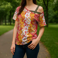 Hawaiian Lei Day Cross Shoulder Shirt Red Hibiscus Flowers Lei Art - Polynesian Pride