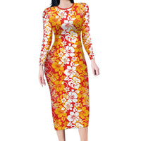 Hawaiian Lei Day Family Matching Long Sleeve Bodycon Dress and Hawaiian Shirt Red Hibiscus Flowers Lei Art
