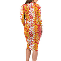 Hawaiian Lei Day Family Matching Long Sleeve Bodycon Dress and Hawaiian Shirt Red Hibiscus Flowers Lei Art