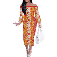 Hawaiian Lei Day Family Matching Off The Shoulder Long Sleeve Dress and Hawaiian Shirt Red Hibiscus Flowers Lei Art