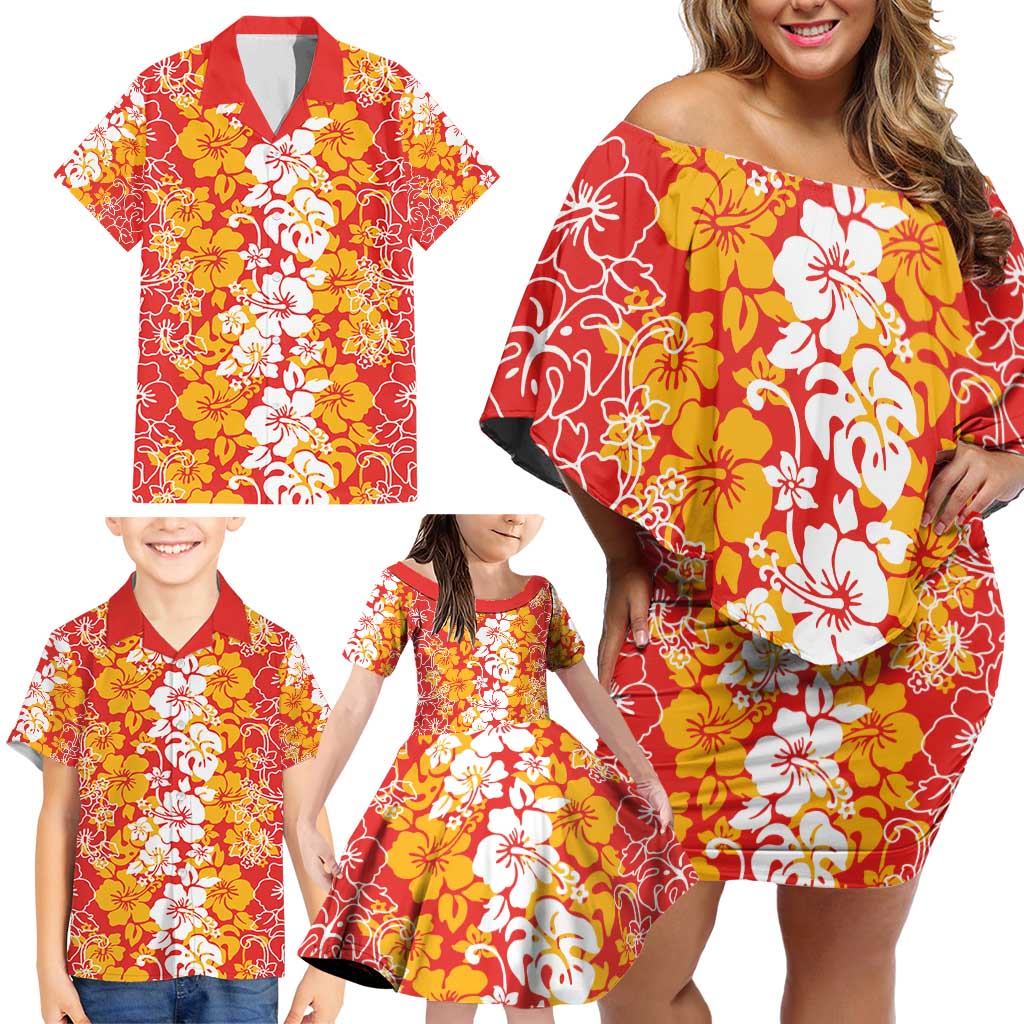 Hawaiian Lei Day Family Matching Off Shoulder Short Dress and Hawaiian Shirt Red Hibiscus Flowers Lei Art