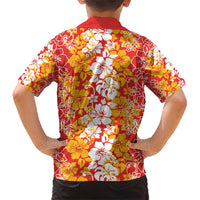 Hawaiian Lei Day Family Matching Short Sleeve Bodycon Dress and Hawaiian Shirt Red Hibiscus Flowers Lei Art