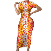Hawaiian Lei Day Family Matching Short Sleeve Bodycon Dress and Hawaiian Shirt Red Hibiscus Flowers Lei Art