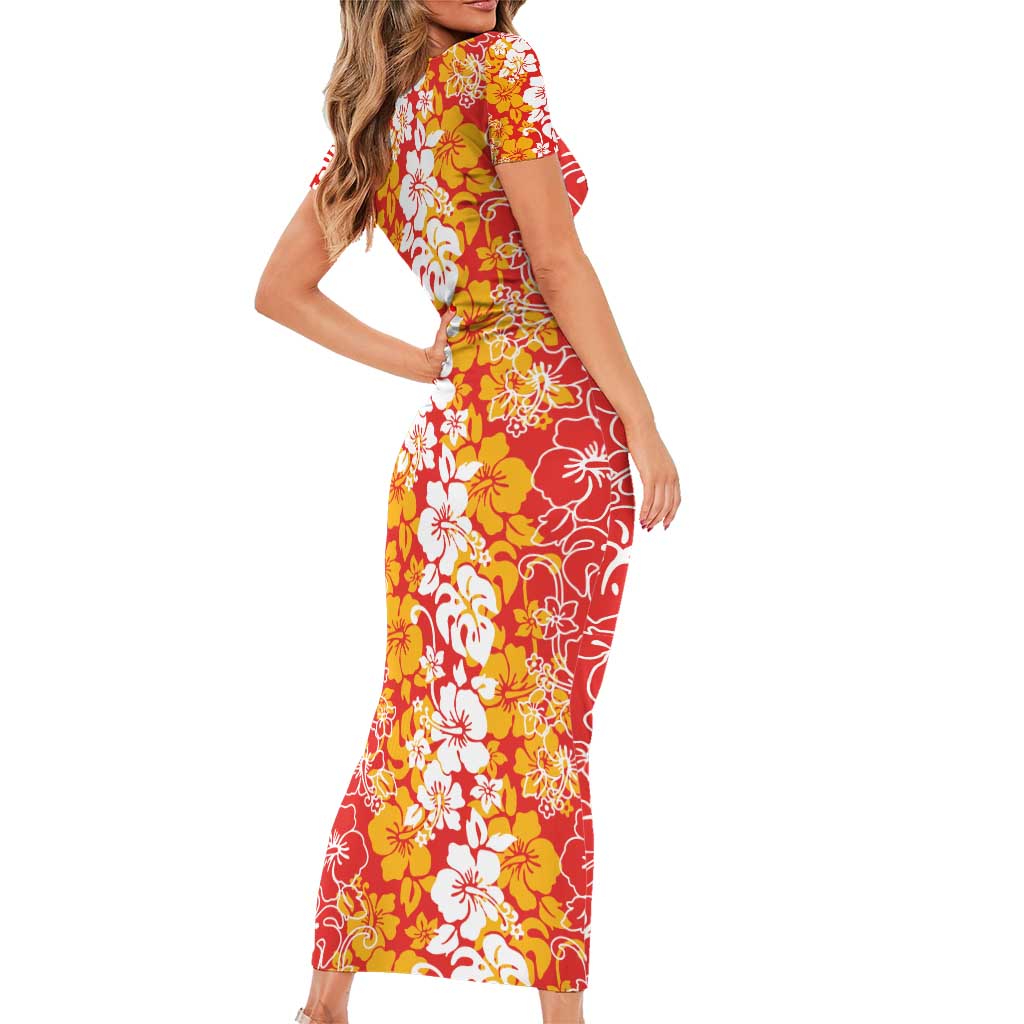 Hawaiian Lei Day Family Matching Short Sleeve Bodycon Dress and Hawaiian Shirt Red Hibiscus Flowers Lei Art
