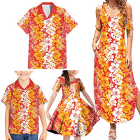 Hawaiian Lei Day Family Matching Summer Maxi Dress and Hawaiian Shirt Red Hibiscus Flowers Lei Art