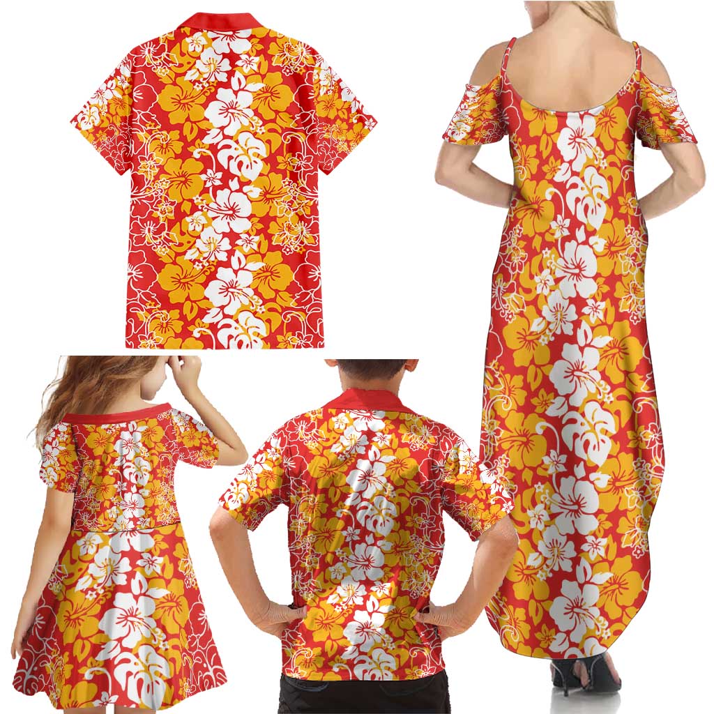 Hawaiian Lei Day Family Matching Summer Maxi Dress and Hawaiian Shirt Red Hibiscus Flowers Lei Art
