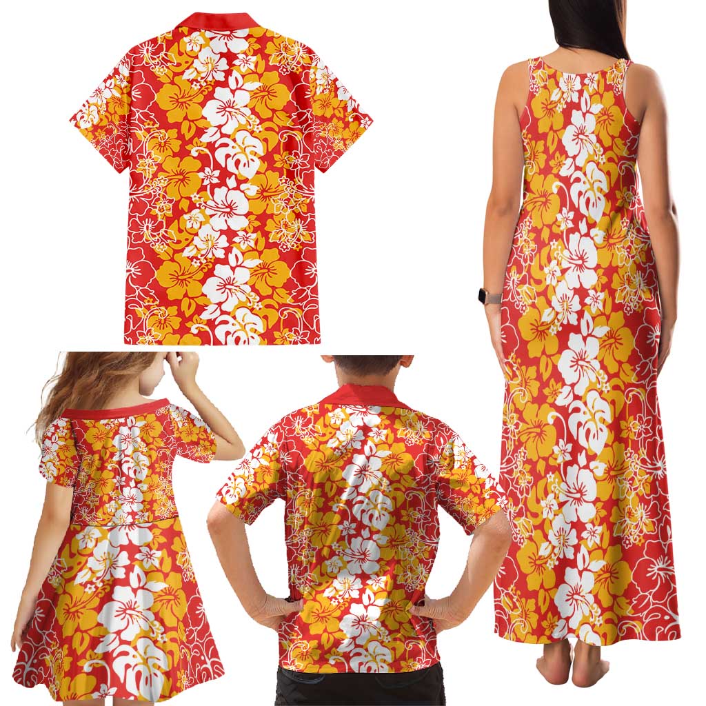 Hawaiian Lei Day Family Matching Tank Maxi Dress and Hawaiian Shirt Red Hibiscus Flowers Lei Art