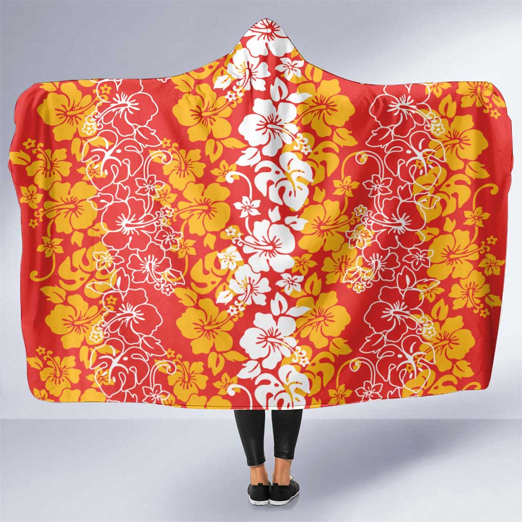 Hawaiian Lei Day Hooded Blanket Red Hibiscus Flowers Lei Art